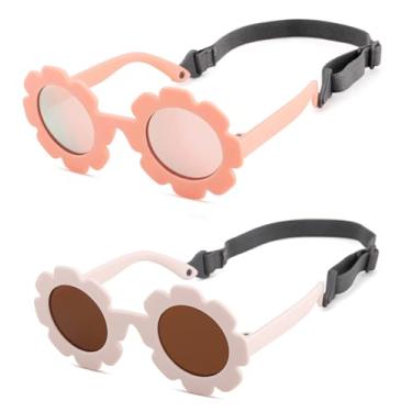 Imagem de LIU·WEN Óculos de sol florais polarizados para bebês com alça - armação flexível dobrável para bebês meninas meninos de 0 a 24 meses, B2 Rosa/Rosa espelhado + bege branco/marrom, Medium