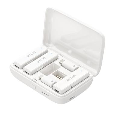 Imagem de Microfone de lapela sem fio BOYALINK, redução de ruído de canal duplo, branco para entrevista de vlog de casamento, estojo de carregamento portátil, Ideal ​​para câmera, iPhone, Android