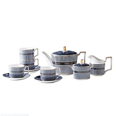 Imagem de AKALNNB Conjunto de 11 peças de chá de cerâmica conjunto de xícara de café e pires conjunto de xícara de café, bule de chá listrado azul, açucareiro, pote de creme