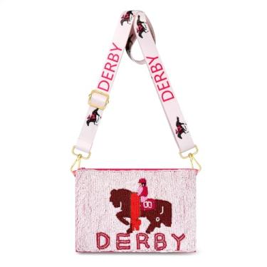 Imagem de CEALXHENY Bolsa Derby feminina com contas em ferradura rosa bolsa tiracolo bolsa de ombro para dia de corrida de cavalos roupas Derby presentes, Branco, Estilo C