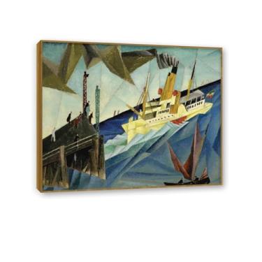 Imagem de SDYJ6GSW Lionel Feininger Arte de parede Paddle Steamer at the Landing Reprodução em tela Lyonel Feininger Pintura Poster Giclee Decoração de parede 70x60cm (28x24in) Moldura teca