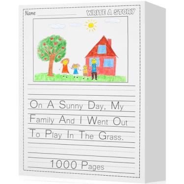 Imagem de 1000 folhas de papel de escrita de jardim de infância para histórias infantis, material de volta às aulas, caderno primário a granel com espaço para imagem e linhas de 21 x 28 cm, papéis de escrita à
