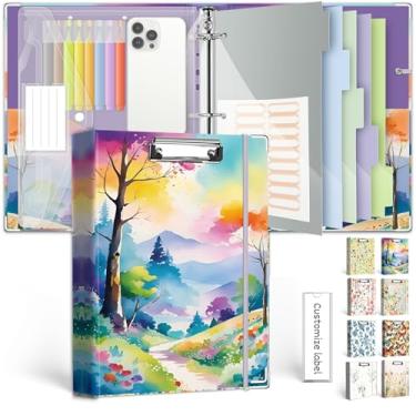 Imagem de Organizador de fichário de 3 anéis, 2,5 cm, fichários KLLVE com três anéis com prancheta, divisórias de bolsos de 5 abas, pasta de plástico, 18 divisórias stikers, laço para caneta (cor trilha