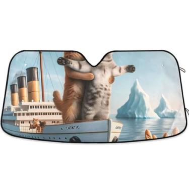 Imagem de Pára-brisas de carro de gatos engraçados personalizados Titanic Kitten para-sol bonito dobrável universal caminhão carro para protetor de janelas dianteiras S, 134,6 cm x 59,7 cm
