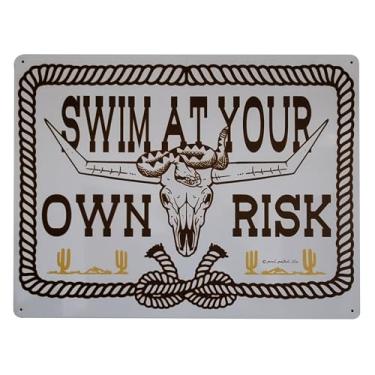 Imagem de Placa vintage western SWIM AT YOUR OWN RISK - Sinalização de segurança de aço estilo autêntico do velho oeste para piscinas comerciais e residenciais, atende a todos os requisitos do código nacional