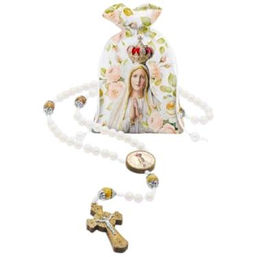 Imagem de Terço Rosário Nossa Senhora de Fátima Resina Branco Saquinho Estampado