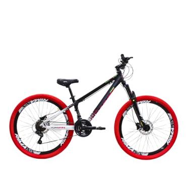 Imagem de Bicicleta Aro 26 Viking Tuff x44 21 Vel Quadro em Alumínio Freio a Disco Freestyle (Preto Branco/Pneu Vermelho)