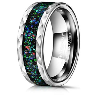 Imagem de QUEENWISH Anéis de tungstênio preto de 8 mm para homens e mulheres alianças de noivado galáxia criada opala olhos de tigre incrustados bordas chanfradas marteladas ajuste confortável tamanho 6-13, 10