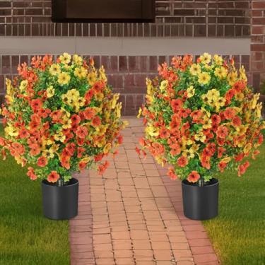 Imagem de Yuxung Pacote com 2 árvores de bola de topiária artificial de 55 cm com flores protegidas contra raios UV, vasos de plantas artificiais com vaso de cimento, arbustos de vegetação sintética para jardim