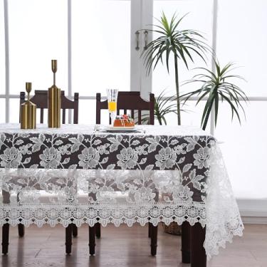 Imagem de Toalha de mesa branca de renda, tecido retangular, toalha de mesa para uso ao ar livre, casa de fazenda, floral, piquenique, decoração bordada, macramê, crochê, vintage, para jantar, cozinha