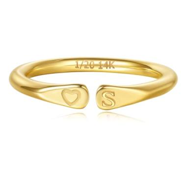 Imagem de YIKOXI Anéis femininos preenchidos a ouro 14 k com inicial esculpida à mão e não mancham alianças em formato de coração para mulheres, Aço inoxidável, Sem pedra preciosa