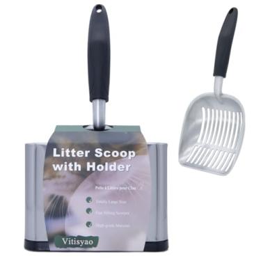 Imagem de Vitisyao Colher de areia para gatos de metal completo com suporte, suporte de concha de aço inoxidável resistente, peneira de velocidade de alumínio com orifício de peneiração diagonal