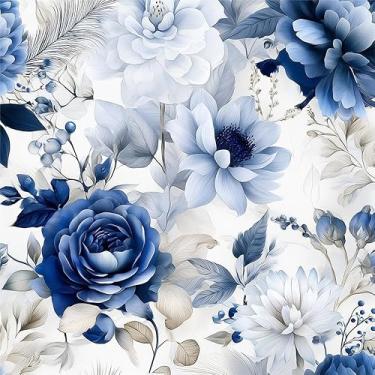 Imagem de Yzogbry Papel de parede vintage azul cinza branco peônia floral descascar e colar decoração de parede autoadesivo papel de parede adesivo em contato fácil de remover para apartamento locatário