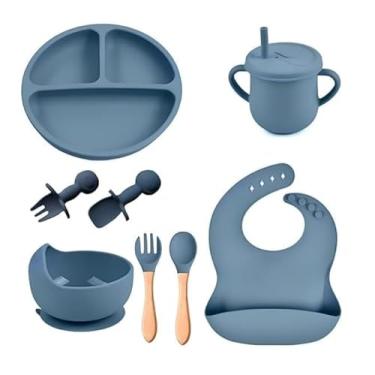 Imagem de Kit Alimentação Bebê 8Peças, Silicone, Azul, Prato Divisória, Copo com Alça, Tigela, Talheres, Babador