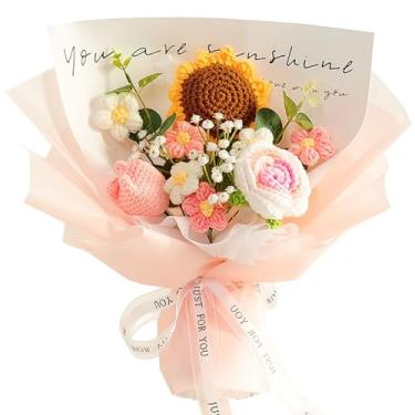 Imagem de Arranjo de flores de crochê de 35 cm de crochê de girassol e rosa para aniversário, dia dos namorados, formatura, dia das mães