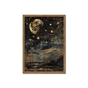 Imagem de Arte de parede lua escura e estrelas, decoração de parede vintage Witchy Academia, textura 3D, arenito desenhado à mão, pintura celestial mística, arte para quarto, sala de estar, 40,6 x 61 cm