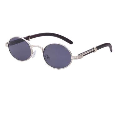 Imagem de Junsika Óculos de sol retrô ovais para homens e mulheres, clássicos, vintage, imitação de madeira, pequenos, redondos pretos, A3: preto prateado, P