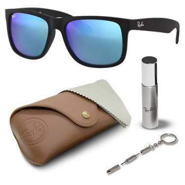 Imagem de Ray-Ban RB4165 JUSTIN COLOR MIX Óculos de sol quadrados para homens e mulheres com kit oficial de óculos RAYBAN, Armação preta de borracha fosca | Lente espelhada azul, 51 mm