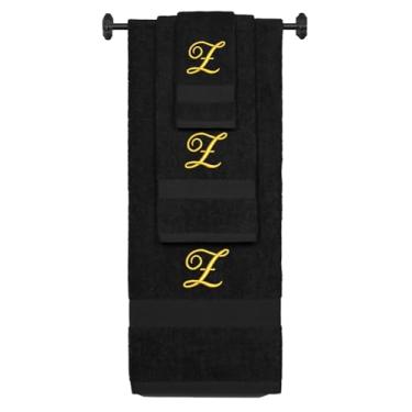Imagem de Iniciais bordadas personalizadas A-Z - Toalha de banho de algodão felpudo personalizada, conjunto de toalha de mão e toalha de banho - Conjunto de toalhas pretas, letra Z dourada Diana Script