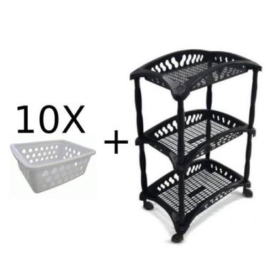 Imagem de Kit 10 Cestos Multiuso P Branco + Fruteira Tripla Preta - Uninjet