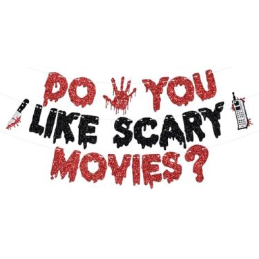Imagem de Banner Do You Like Scary Movies, Placa de Festa Noturna de Filme, Halloween Scream Horror Bloody Have a Killer Decoração de Festa de Aniversário Suprimentos