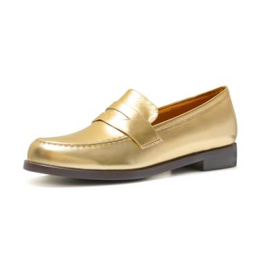 Imagem de ONEENO Mocassim feminino clássico de couro liso, Dourado, 40