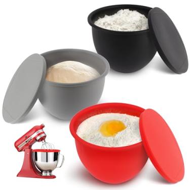 Imagem de Tigelas de mistura de silicone de 5 litros com tampas (pacote com 3) compatíveis com batedeira KitchenAid de 5QT, design à prova de estilhaçamento, base antiderrapante, tigelas de armazenamento de