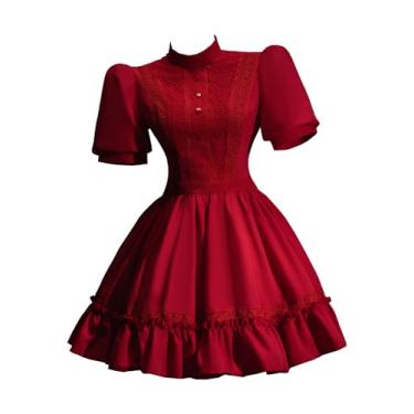 Imagem de MEOWCOS Vestido gótico evasê manga bolha com renda e laço, Vermelho, G