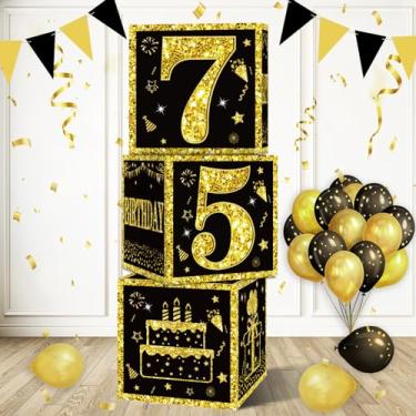 Imagem de Eiurteao 3 caixas de decoração de aniversário de 75 anos para homens e mulheres, caixas de balões de feliz aniversário de 75 anos, caixa de papelão com tema de aniversário de 75 anos