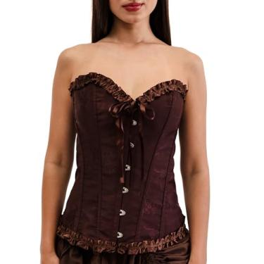 Imagem de Espartilho feminino – Corpete floral em relevo com laço de fita e acabamento de babados para fantasias ou festivais, Sela marrom rosa, M
