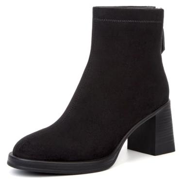 Imagem de Botas femininas de couro genuíno com bico redondo, salto médio, salto médio, sem cadarço, Chelsea, com zíper, Camurça preta, 37