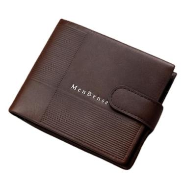 Imagem de Carteira masculina de poliuretano macio, carteira dobrável retrô, fecho de botão com 5 compartimentos para cartões, 1 janela para identidade, 2 compartimentos para dinheiro e 1 pequeno bolso com zíper