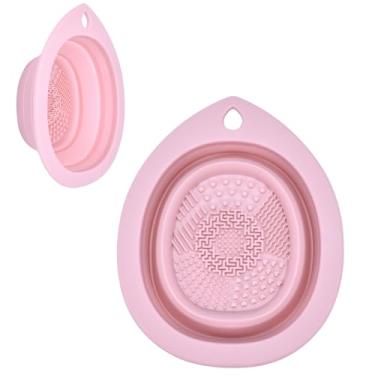 Imagem de Tigela de limpeza de pincéis de maquiagem de silicone dobrável rosa - Ferramenta de limpeza portátil para pincéis, pó e esponjas
