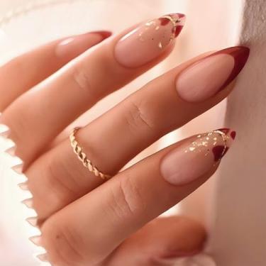 Imagem de Kit de unhas curtas médias amêndoas vermelhas francesas com design simples de coração vermelho cobertura completa cola em bastão falso artificial em unhas de acrílico para mulheres, casamento, 24