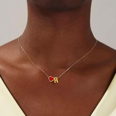 Imagem de Colar feminino com inicial de coração, pingente de letra A a Z, pingente de coração vermelho, joia banhada a ouro, colar de presente personalizado, 18+2in, Aço inoxidável, Sem Pedra Preciosa