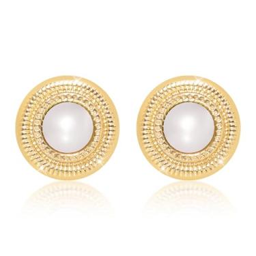 Imagem de LAYWAF Brincos femininos banhados a ouro de pérola sintética, hipoalergênico, de aço inoxidável, disponível em uma variedade de cores peroladas, White Pearl, Cobre Aço inoxidável Acrílico, Pérola