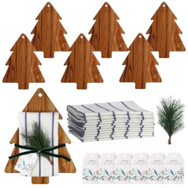 Imagem de Potchen Conjunto de 6 conjuntos de tábua de cortar árvore de Natal, toalhas de chá, conjuntos de presentes, incluindo 6 tábuas de corte de madeira de acácia, 6 toalhas de chá, 6 cartões de Natal, 6