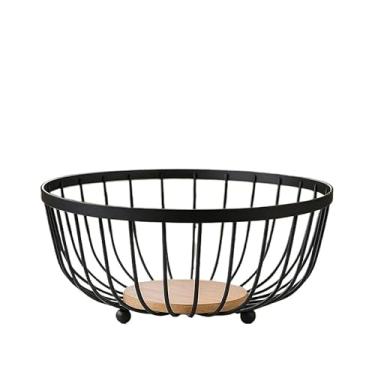 Imagem de Fruteira de Mesa Rustica de Ferro, Bambu para Café Da Manhã de Metal Preto Multiuso(REDONDA FERRO E MDF 25X25CM)