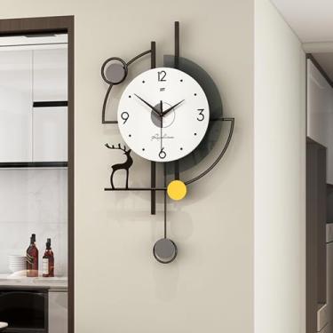 Imagem de Hoernflk Relógio de parede decorativo grande com pêndulo para sala de estar, moldura preta, mostrador branco, funciona sem tique-taque para cozinha, quarto, escritório, relógio de metal silencioso