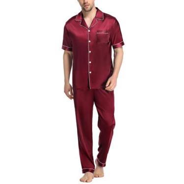 Imagem de Conjunto de pijama SWOMOG para homens de cetim de manga curta, vinho t
