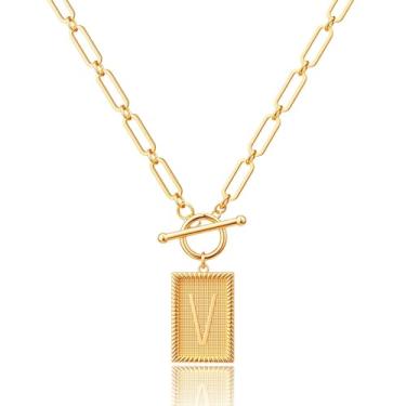 Imagem de Robaice Colar feminino banhado a ouro 14K, pingente de alfabeto personalizado com gravação inspiradora, corrente de clipe de papel, joia que não mancha, presente para ela, 18'' + 2'' extender, Metal