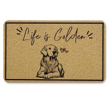 Imagem de Qnhij Tapetes engraçados de boas-vindas Golden Retriever para porta da frente, tapete de porta de cachorro, capacho engraçado Life is Golden para varanda externa, entrada interna, tapete de banho para