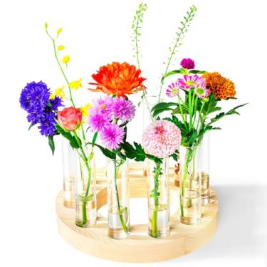 Imagem de Melphoe Vasos de vidro pequenos vasos de flores para decoração de mesa de casamento, decoração de casa, estação de propagação, terrário de plantas com suporte de madeira, presentes exclusivos para