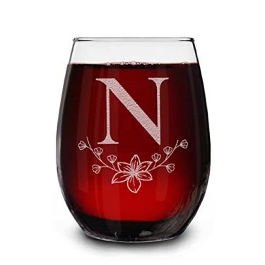 Imagem de Monograma floral gravado letra inicial sem haste taça de vinho 425 g presente personalizado monograma (N)