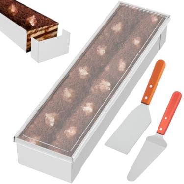 Imagem de Tcwhniev Molde de bolo Tiramisu, forma de bolo retangular com tampa de acrílico e espátula de metal, bandeja de bolo de tiramisu de aço inoxidável com capa à prova de poeira para assar mousse de
