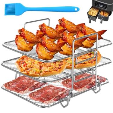 Imagem de Conjunto de rack de fritadeira a ar de 3 peças, racks empilháveis de aço inoxidável, compatível com fritadeira de ar dupla, acessório de desidratador