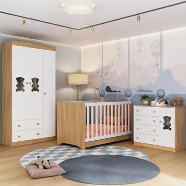 Imagem de Quarto de Bebê Completo com Berço Americano 3 em 1 Teddy Multimóveis Mp4652 Madeirado/branco