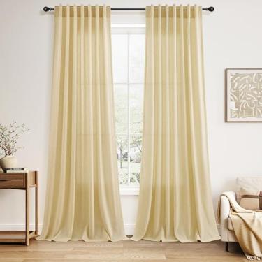 Imagem de Nanspring Cortinas extra longas de 300 cm para sala de estar amarelo creme linho moderno fazenda privacidade cortina transparente aba traseira e bolso para varão cortinas do chão ao teto para quarto