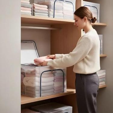 Imagem de Caixa Organizadora Dobrável para Roupas e Acessórios Transparente com Zíper Material Impermeável 66L 49x39x32cm Empilhável e Resistente Estrutura Reforçada Roupas Edredom Toalhas Cobertores Enxoval