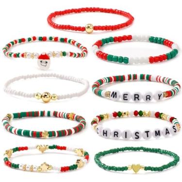 Imagem de EQUBIO Pacote com 9 pulseiras elásticas de Natal para mulheres, contas de sementes vermelhas/verdes/brancas com detalhes dourados, miçangas de letras de Feliz Natal e pingentes festivos, conjunto de